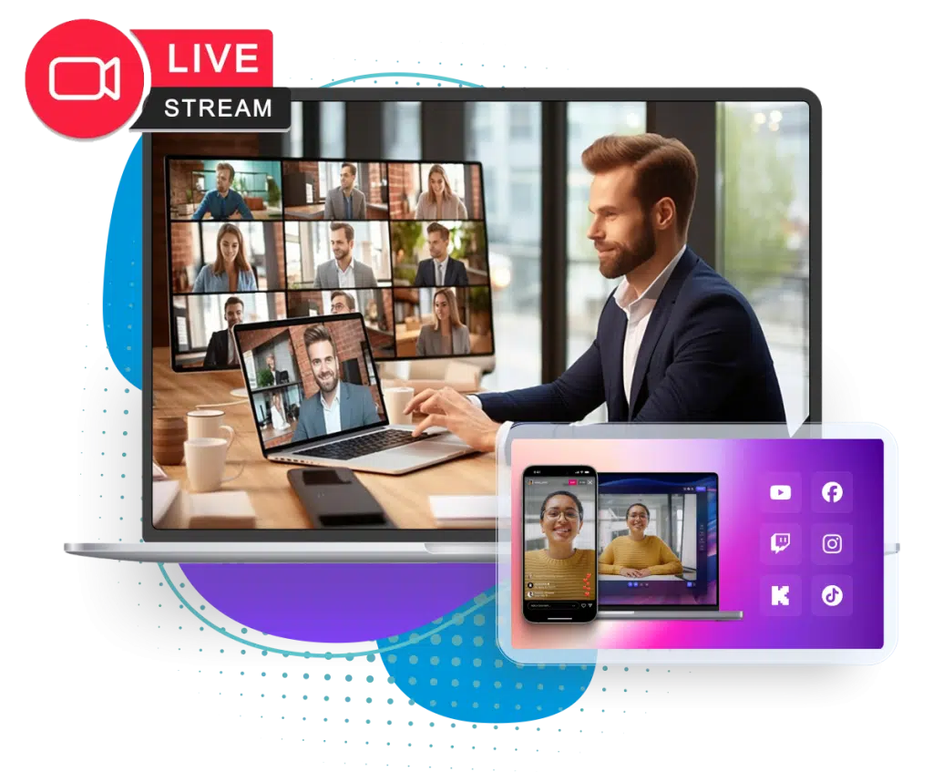 A presenter streaming a live session to remote attendees on a laptop and phone